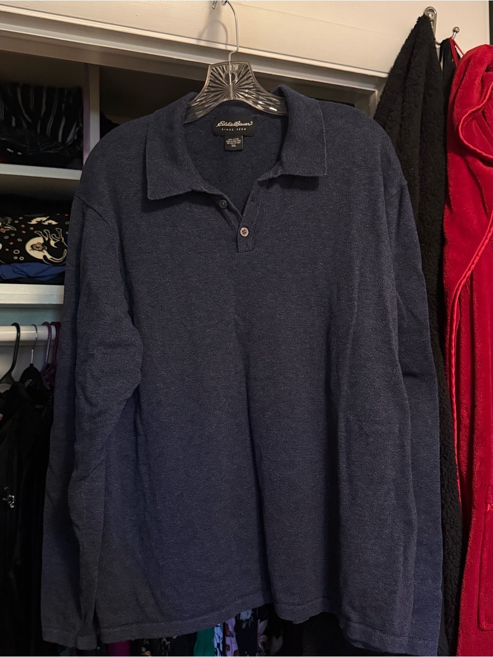 Eddie Bauer Cotton Collared Polo Long Sleeved Shirt Dark Blue